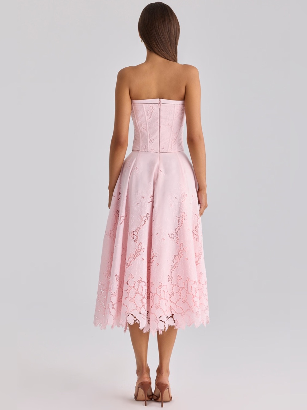 House of CB BELISSA Pink Strapless Custom Lace + Broderie Anglaise Midi Dress - Picture 6 of 11